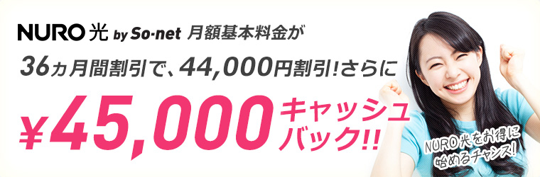 NURO 光月額利用料 30ヵ月1,334円割引 最大78,000円キャッシュバック!