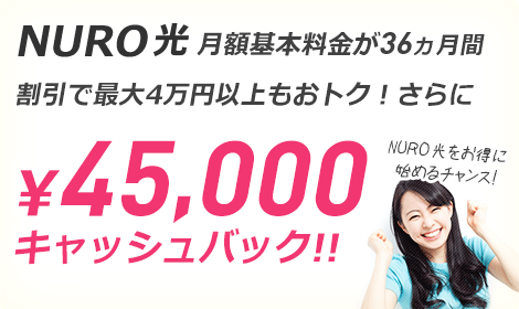 NURO 光月額利用料 30ヵ月1,334円割引 最大78,000円キャッシュバック!